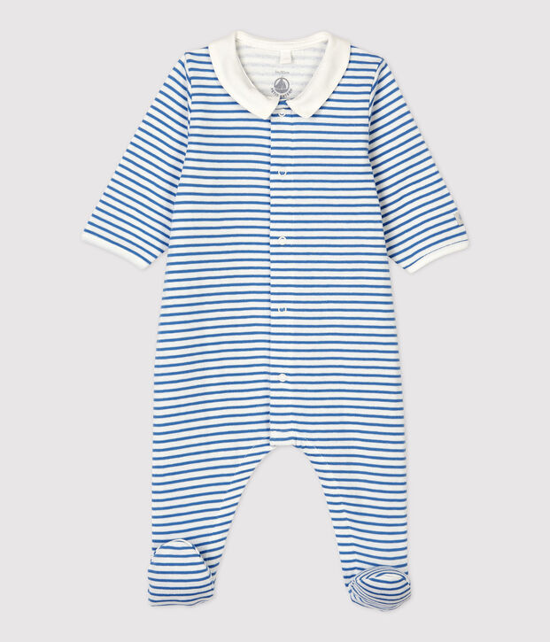 Baby-Strampler aus Bio-Baumwolle mit Kragen und blauem Streifenmuster weiss/blau